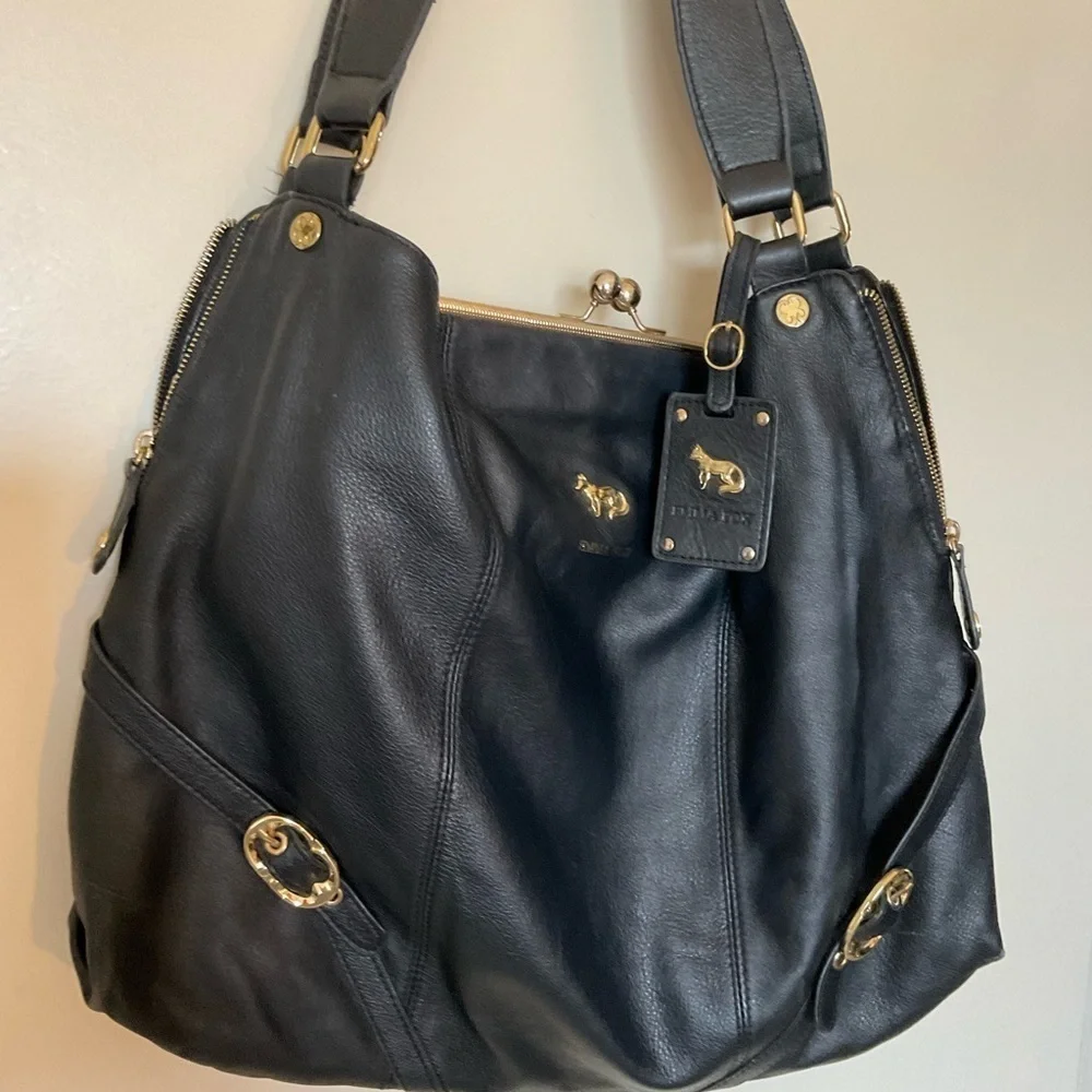 Emma Fox Black Leather Handbag with Gold Hardware